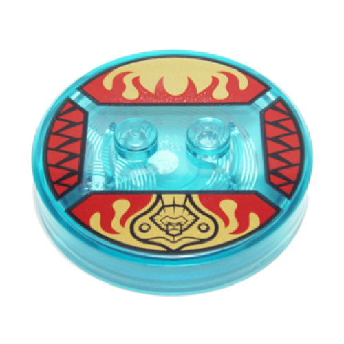Деталь LEGO 18605c01pb42 Dimensions Toy Tag 4 x 4 x 2/3 with 2 Studs and Trans-Light Blue Bottom with Legends of Chima Lion Head and Red Flames on Gold Background Pattern (Laval)