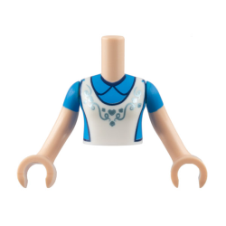 Torso Mini Doll Girl Dark Azure Dress, White Apron with Metallic Light Blue Filigree Pattern, Light Nougat Arms with Hands with Dark Azure Short Sleeves