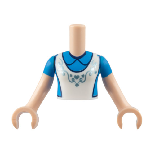 Деталь LEGO FTGpb419c01 Torso Mini Doll Girl Dark Azure Dress, White Apron with Metallic Light Blue Filigree Pattern, Light Nougat Arms with Hands with Dark Azure Short Sleeves