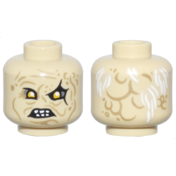 Minifigure, Head Alien Orc Bright Light Orange Eyes, Dark Tan Wrinkles and Scars, Angry Open Mouth with Teeth, White Thin Hair on Back Pattern