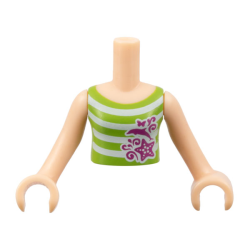 Torso Mini Doll Girl Lime Top with White Stripes and Magenta Dolphin, Starfish, Butterfly, and Swirls Pattern, Light Nougat Arms with Hands