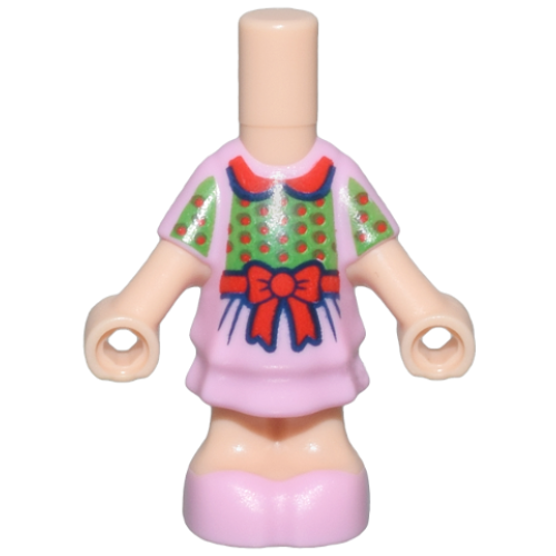 Деталь LEGO 69969pb23 Micro Doll, Body with Molded Bright Pink Short Layered Dress and Shoes and Printed Bright Green Top with Red Rounded Collar and Bow and Dots Pattern