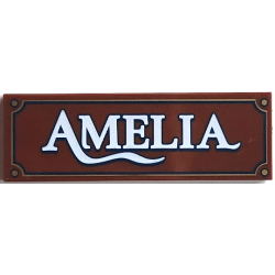 Tile 2 x 6 with Sign with White 'AMELIA' and Dark Blue and Gold Border Pattern