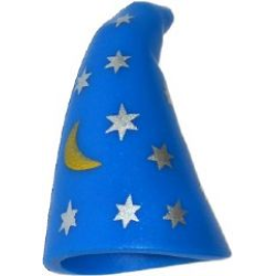 Minifigure, Headgear Hat, Cone Drooping, Wizard with Silver Stars and Gold Crescent Moon Pattern