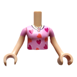 Torso Mini Doll Girl Bright Pink Pajamas Top with Magenta and Coral Hearts Pattern, Light Nougat Arms with Hands with Bright Pink Short Sleeves