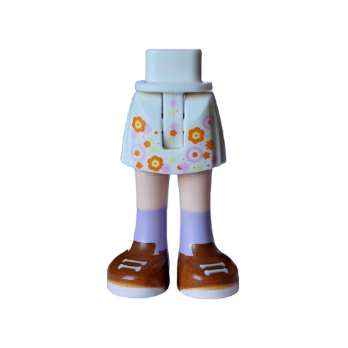 Деталь LEGO 35216ac00pb024 Mini Doll Hips and Skirt with Molded Light Nougat Legs and Printed Bright Light Yellow, Bright Pink and Orange Flowers, Dark Orange Shoes with White Laces and Soles and Medium Lavender Socks Pattern - Thin Hinge