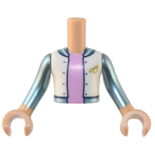 Деталь LEGO FTBpb079c01 Torso Mini Doll Boy White Jacket over Bright Pink Shirt, Metallic Light Blue and Gold 'O' Pattern, Medium Tan Arms with Hands with Metallic Light Blue Long Sleeves