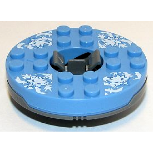 Деталь LEGO 92549c03pb01 Turntable 6 x 6 x 1 1/3 Round Base with Medium Blue Top and White Faces on White Ice Shards Pattern (Ninjago Spinner)