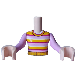 Torso Mini Doll Girl Bright Pink, Magenta, White and Yellow Striped Sweater Pattern, Light Nougat Arms with Hands with Bright Pink Long Sleeves