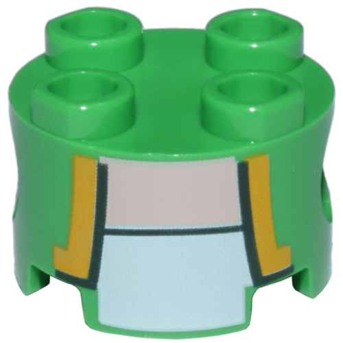 Деталь LEGO 17485pb011 Brick, Round 2 x 2 with Pin Holes with Vest Open with Bright Light Orange and Dark Green Trim over White Shirt, Light Nougat Neck Pattern (Super Mario Green Toad Torso)