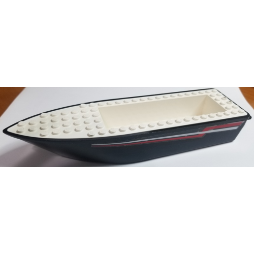 Деталь LEGO bfloat1c01pb01 Boat, Hull Unitary 24 x 6 x 3 with Red and White Racing Stripes Pattern on Both Sides (Stickers) - Set 4002