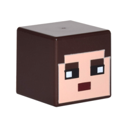 Minifigure, Head, Modified Cube with Pixelated Light Nougat Face, Black Eyes, and Dark Red Mouth Pattern (Minecraft Skin)