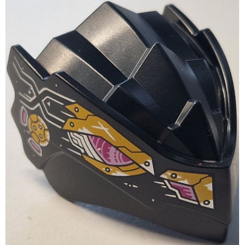 Деталь LEGO 4921pb04 Dragon Head (Ninjago) with Stepped Top and Pin Hole on Back with Magenta and Bright Pink Mechanical Eyes and Nostrils, Bright Light Orange Worn Armor Plates, Silver Lines and Rivets Pattern