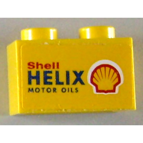 Деталь LEGO 3004pb068 Brick 1 x 2 with 'Shell HELIX MOTOR OILS' on Yellow Background Pattern on Both Sides (Stickers) - Set 1254