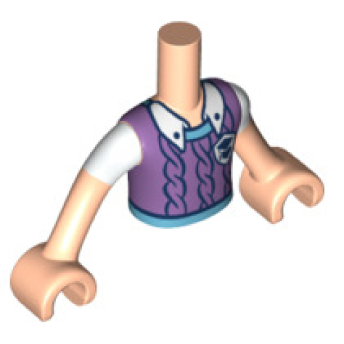 Деталь LEGO FTBpb057c01 Torso Mini Doll Boy Medium Lavender Vest with Medium Azure Trim over White Shirt Pattern, Light Nougat Arms with Hands with White Short Sleeves