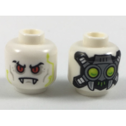 Minifigure, Head Alien Vampire with Red Eyes, Light Bluish Gray Cheek Lines and Eye Shadow, Lime Circuitry, Cybernetic Implants, and Closed Mouth with Fangs Pattern