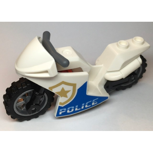 Деталь LEGO 18895c14pb01 Motorcycle Sport Bike with Black Frame, Flat Silver Wheels, Red Grille Tiles and Dark Bluish Gray Handlebars with 'POLICE' Pattern on Both Sides