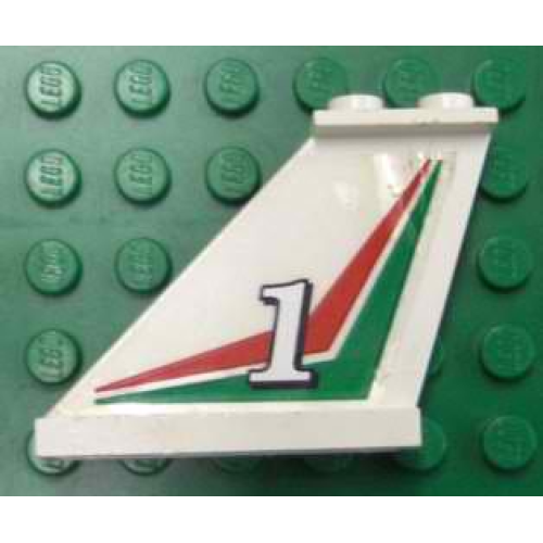 Деталь LEGO 2340pb028L Tail 4 x 1 x 3 with White Number 1 on Red and Green Chevrons Pattern on Left Side (Sticker) - Set 6543