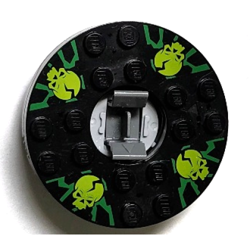 Деталь LEGO 92549c02pb01 Turntable 6 x 6 x 1 1/3 Round Base with Black Top with Lime Skulls on Green Pattern (Ninjago Spinner)