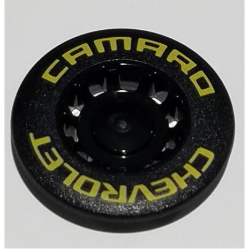 Деталь LEGO 49098pb01 Wheel Cover 10 Spoke Recessed with Yellow 'CHEVROLET CAMARO' Pattern