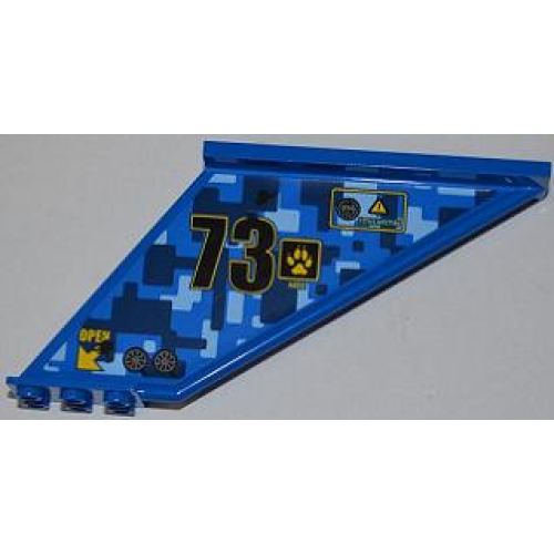 Деталь LEGO 87614pb004L Tail 12 x 2 x 5 with Filler Cap, Black Number 73, and Yellow 'OPEN' and Arrow Pattern Model Left (Sticker) - Set 7067