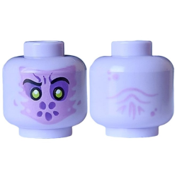 Minifigure, Head Alien Medium Lavender Face, Black Eyebrows, Lime Pupils with White Glints and Dark Purple Eyes, Spots and Dimple, Wrinkles on Back Pattern