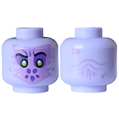 Деталь LEGO 3626pb3574 Minifigure, Head Alien Medium Lavender Face, Black Eyebrows, Lime Pupils with White Glints and Dark Purple Eyes, Spots and Dimple, Wrinkles on Back Pattern