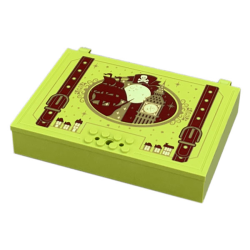 Container, Book Cover Half, 16 x 12 x 2 2/3 with Lock Compartment (Storybook Adventures) with Reddish Brown Straps and Ship, Gold Trim and Big Ben Pattern Container, Book Cover Half, 16 x 12 x 2 2/3 with Lock Compartment (Storybook Adventures) with Reddish Brown Straps and Ship, Gold Trim and Big Ben Pattern