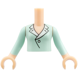 Torso Mini Doll Girl Light Aqua Blouse Top with White Lapels and Button Pattern, Light Nougat Arms with Hands with Light Aqua Long Sleeves