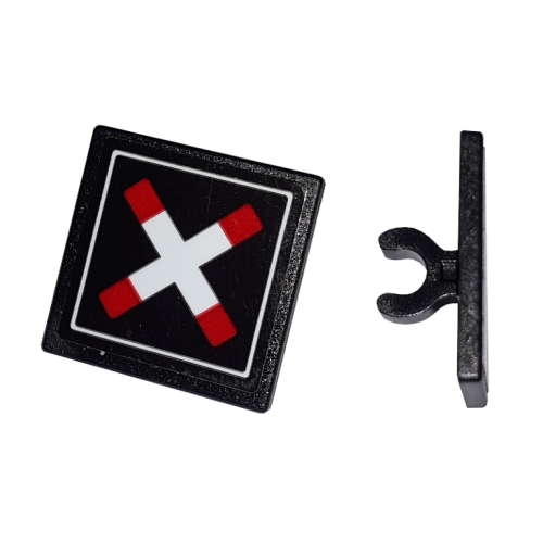 Деталь LEGO 15210pb068 Road Sign 2 x 2 Square with Open O Clip with Crossed Bars (Train Crossing) Pattern (Sticker) - Set 60198