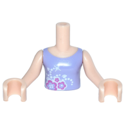Torso Mini Doll Girl Lavender Top with Dark Pink and White Flowers Pattern, Light Nougat Arms with Hands