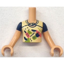 Torso Mini Doll Girl Bright Light Yellow Top with Coral and Lime Popsicle, Pineapple, Triangles and Shapes Pattern, Medium Tan Arms with Hands with Dark Blue Short Sleeves