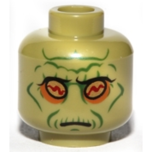 Деталь LEGO 3626pb0669 Minifigure, Head Alien SW Neimoidian with Gold Eyes, Dark Orange Eye Shadow, Dark Green Cheek Lines, Jowl Lines, Chin Dimple and Wrinkles, Pronounced Brow, Neutral Pattern