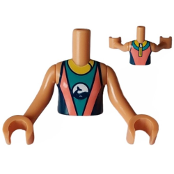 Torso Mini Doll Girl Coral, Dark Turquoise and Dark Blue Wetsuit with Yellow Collar and Zipper and Dolphin / Whale Logo Pattern, Nougat Arms with Hands