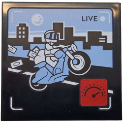 Tile 4 x 4 with 'LIVE' Broadcast with Bright Light Blue Motorcycle and Sky, Black Road and Skyliners, White Minifigure, Red Icon with Speedometer Pattern
