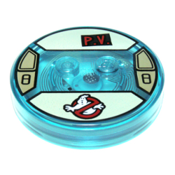 Dimensions Toy Tag 4 x 4 x 2/3 with 2 Studs and Trans-Light Blue Bottom with Ghostbusters Logo and Black Patch with Red 'P.V.' on Tan Background Pattern (Peter Venkman)