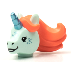 Minifigure, Head, Modified Unicorn with Molded Coral Mane and Printed Metallic Light Blue Horn and Freckles Pattern Minifigure, Head, Modified Unicorn with Molded Coral Mane and Printed Metallic Light Blue Horn and Freckles Pattern