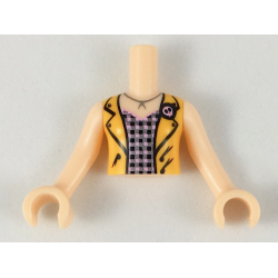 Torso Mini Doll Girl Bright Pink Top with Black and Silver Squares, Bright Light Orange Vest Pattern, Light Nougat Arms with Hands