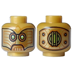 Minifigure, Head Alien Dark Orange Monocles, Lime Eyes, White Glints, Black Outline and Gold Panel with Rivets on Back Pattern