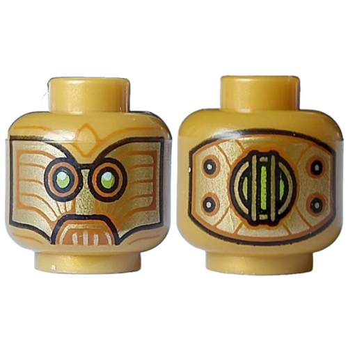 Деталь LEGO 3626pb3329 Minifigure, Head Alien Dark Orange Monocles, Lime Eyes, White Glints, Black Outline and Gold Panel with Rivets on Back Pattern