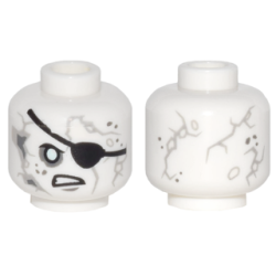 Minifigure, Head Alien with PotC Gray Cracks and Spots, Black Eye Patch, White Eyes, Crooked Scowl Pattern