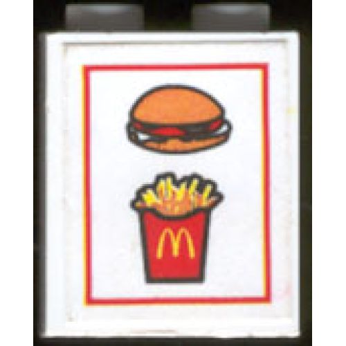 Деталь LEGO 3245bpb01 Brick 1 x 2 x 2 with Inside Axle Holder with McDonald's Fries & Hamburger Pattern (Sticker) - Set 3438