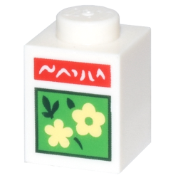 Brick 1 x 1 with Bright Light Yellow Flowers and Dark Green Leaves on Bright Green Square and Red Bar with White Text Pattern (Animal Crossing Flower Seeds)