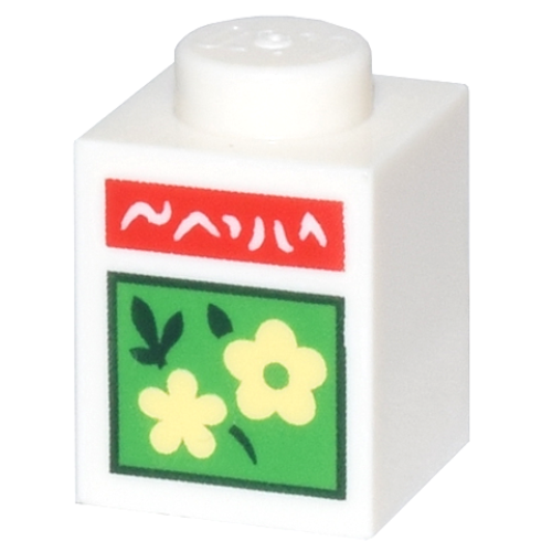 Деталь LEGO 3005pb066 Brick 1 x 1 with Bright Light Yellow Flowers and Dark Green Leaves on Bright Green Square and Red Bar with White Text Pattern (Animal Crossing Flower Seeds)