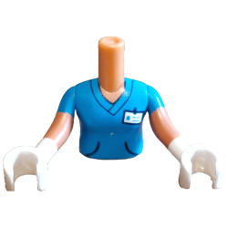 Torso Mini Doll Girl Dark Azure Shirt with Black Pockets and White Name Tag Pattern, Nougat Arms with Hands with Dark Azure Short Sleeves and White Gloves
