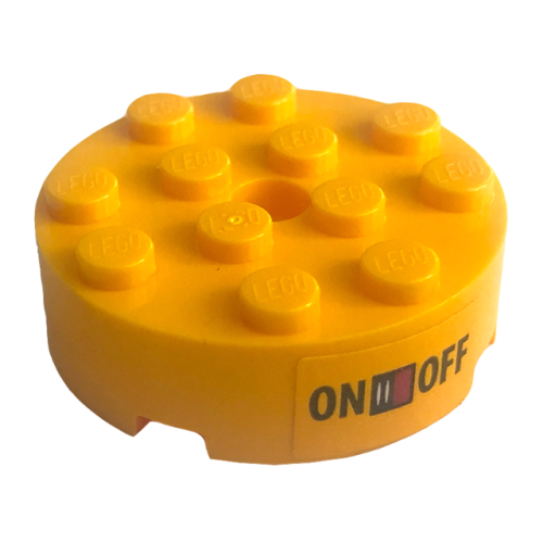 Деталь LEGO 87081pb003 Brick, Round 4 x 4 with Hole with 'ON' and 'OFF' Switch Pattern (Sticker) - Set 41346