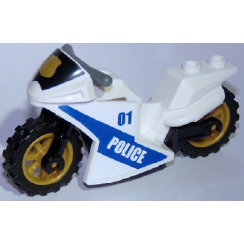 Деталь LEGO 18895c05pb02 Motorcycle Sport Bike with Black Windshield with Gold Badge Pattern, Black Frame, Pearl Gold Wheels and Dark Bluish Gray Handlebars with Police Pattern on Both Sides (Stickers) - Set 60137