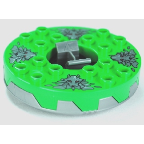 Деталь LEGO 98318c05pb01 Turntable 6 x 6 x 1 1/3 Round Base Serrated with Bright Green Top and Dark Bluish Gray Stone Heads Pattern (Ninjago Spinner)
