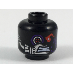 Minifigure, Head Alien with Mechanical Right Eye Red and Purple, Silver Plates, and Dark Purple Circuitry on Left Cheek Pattern