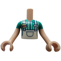 Torso Mini Doll Boy White Apron Top over Dark Turquoise Shirt with Hamburger Pin Pattern, Light Nougat Arms with Hands with Dark Turquoise Short Sleeves